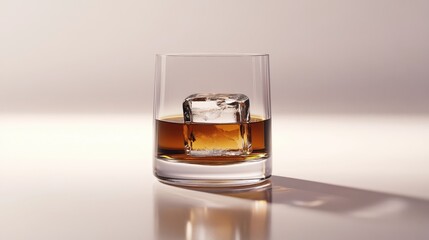 A whiskey glass with a single ice cube, a minimalist aesthetic