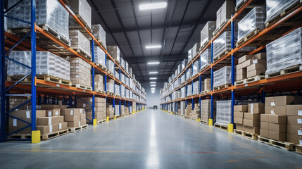 A warehouse with pallets and shelves filled with boxes of goods, representing the concept of a stock background.