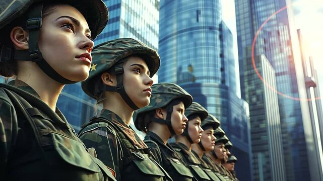 Amidst towering skyscrapers, a platoon of female army recruits stands in formation in a modern urban setting