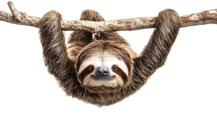 Fototapeta premium Sleepy Sloth Hanging Upside Down from Tree Branch on White Background