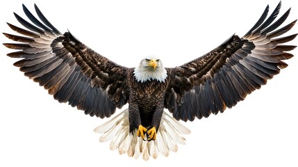 Obraz premium Majestic Bald Eagle with Powerful Wings Spread Soaring Isolated on White Background