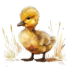 A cute, yellow duckling stands in tall grass, its fluffy feathers visible. The duckling is facing left, with its head tilted slightly