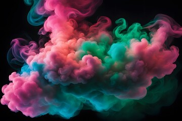 A cloud of neon pink and turquoise smoke with intense colors blending on a white background, AI Generated