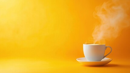  A cup of coffee on a yellow background with steam rising from the top