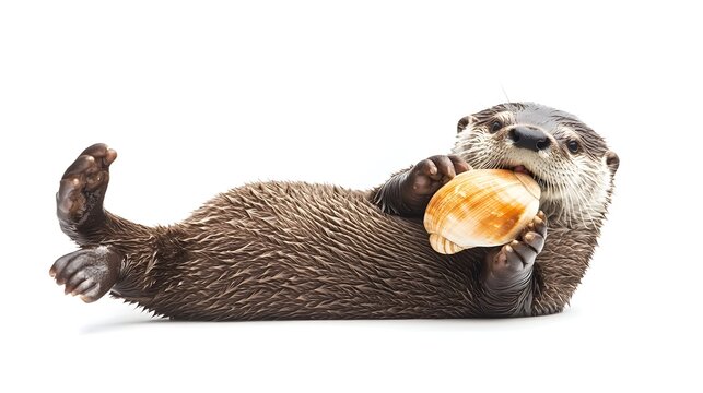 Sleek Otter Floating on its Back with Shell on White Background