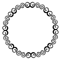 Black round frame in doodle style with spiral pattern