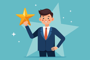 Star employee, success leader or confidence, high performance staff or achievement, evaluation or award winning, quality concept, confidence businessman with excellent golden star.
