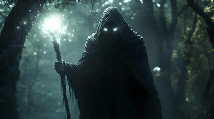 The Mysterious Figure in the Forest, With a Glowing Staff, Creates an Eerie and Enchanting Atmosphere.