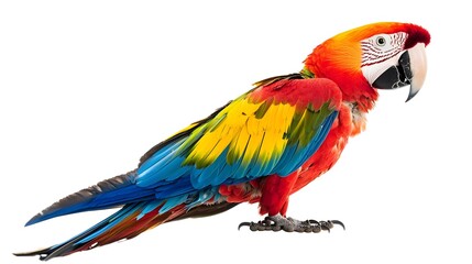 Colorful Macaw Perched on Branch with Vibrant Beak Against White Background