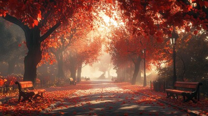 Romantic Path in Red Tree Park. AI generated illustration.