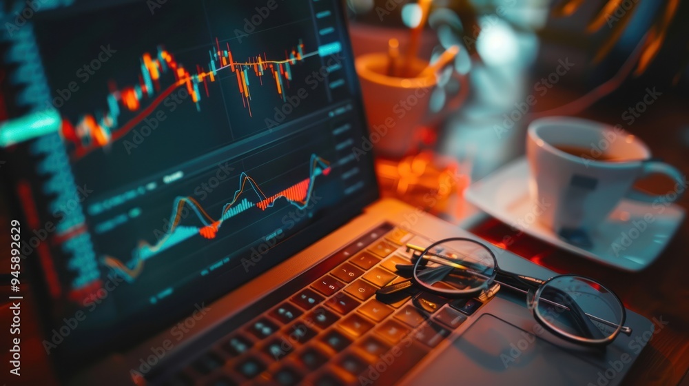 Poster stock market graph and top view computer on the table