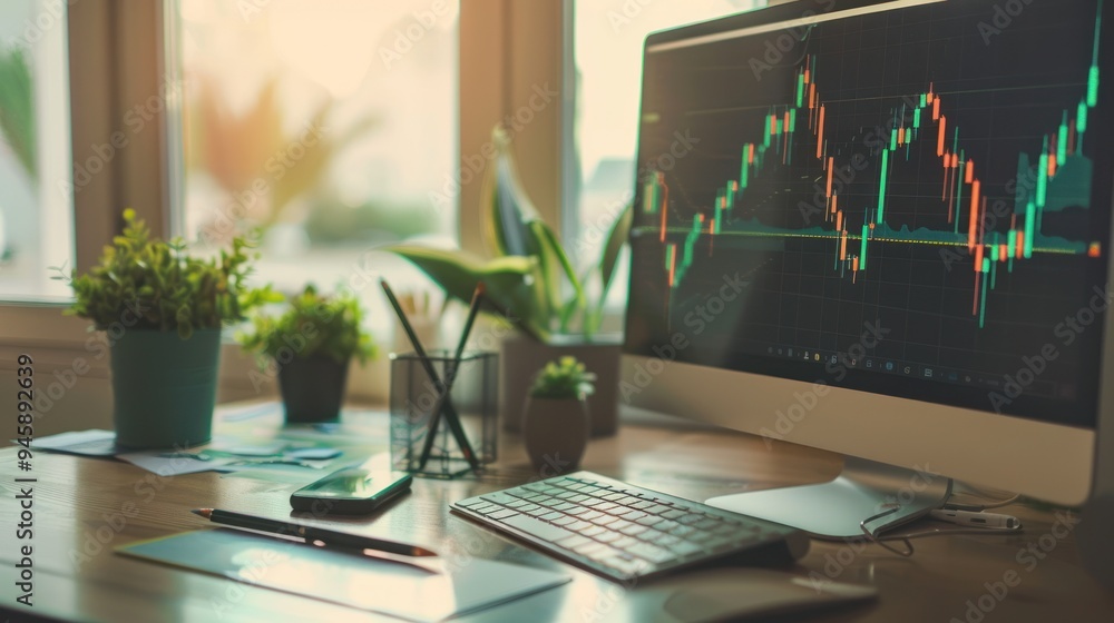 Poster stock market graph and top view computer on the table background.