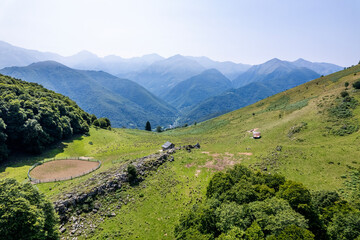 Aerial View of Pyrenees Mountain Valley with Small Buildings