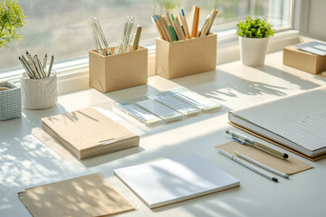 Minimalistic desk setup with eco-friendly stationery, wooden pencil holders, and neutral tones creating a serene workspace