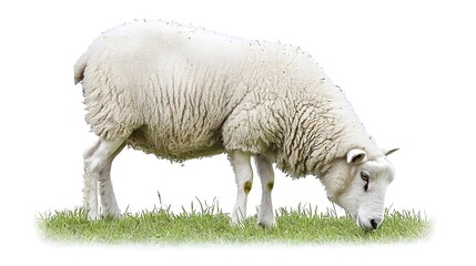Obraz premium Fluffy White Sheep Grazing in Peaceful Meadow on White Background