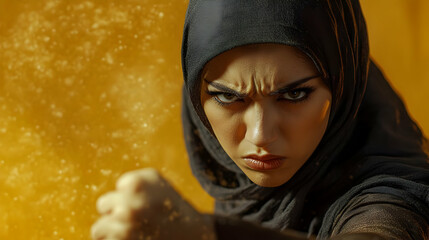 Powerful Woman in Hijab Glares with Determination Against a Golden Background