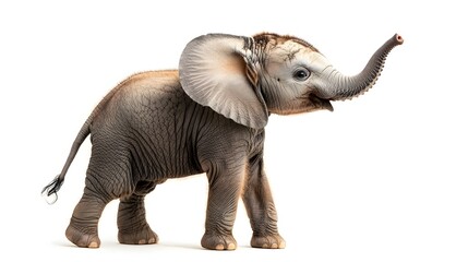 Obraz premium Adorable Playful Baby Elephant with Raised Trunk on White Background