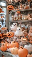 Playful cartoon Halloween candy shop pastel hues charming ghosts pumpkin displays ghostly decorations cozy and festive Halloween ambiance joyful and whimsical Halloween magic
