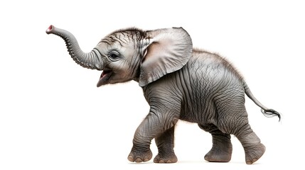 Obraz premium Playful Baby Elephant with Raised Trunk on White Background