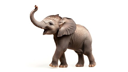 Obraz premium Playful Baby Elephant with Raised Trunk on White Background