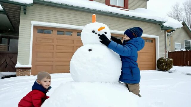 Kids having fun building a snowman in the front yard during a winter snowstorm in a suburban neighborhood
