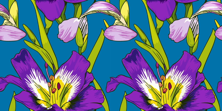 Vector seamless pattern with freesia flowers on blue background