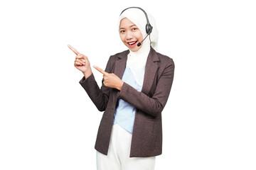Smiling asian hijab girl customer service pointing at the blank space isolated transparent