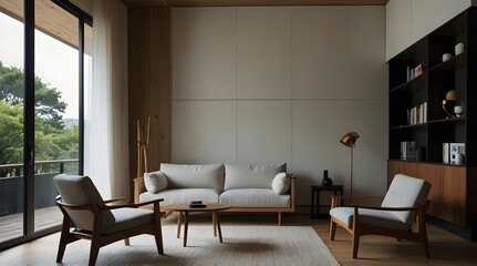 Japanese minimalist home design including an accent armchair in a modern living area.