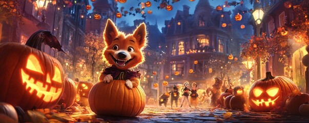 Obraz premium Playful Halloween family party everyone in themed costumes dog dressed as a pumpkin surrounded by glowing pumpkins and spooky decor