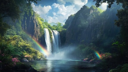 Fototapeta premium Serene Waterfall and Rainbow in a Lush Tropical Paradise