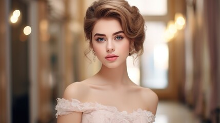 Naklejka premium Portrait of a beautiful girl with a graceful pose and elegant makeup, 