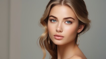 Fototapeta premium Portrait of a beautiful girl with glossy hair and a confident smile, 