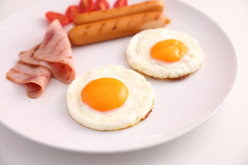 breakfast egg fried ham and sausage breakfast in studio shooting
