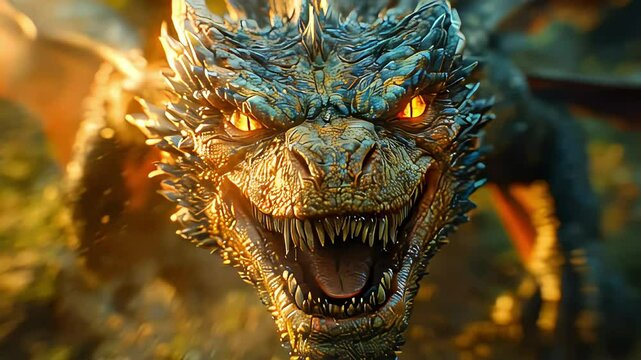 A fearsome dragon roars as it flies through the dense ancient forest, its resolute eyes and blurred surroundings conveying incredible speed.