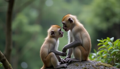 Obraz premium A tender moment in the wild Two monkeys share a quiet conversation