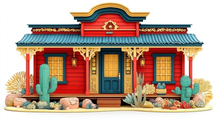 Fototapeta premium Red Western Saloon Building with Desert Plants and Cacti