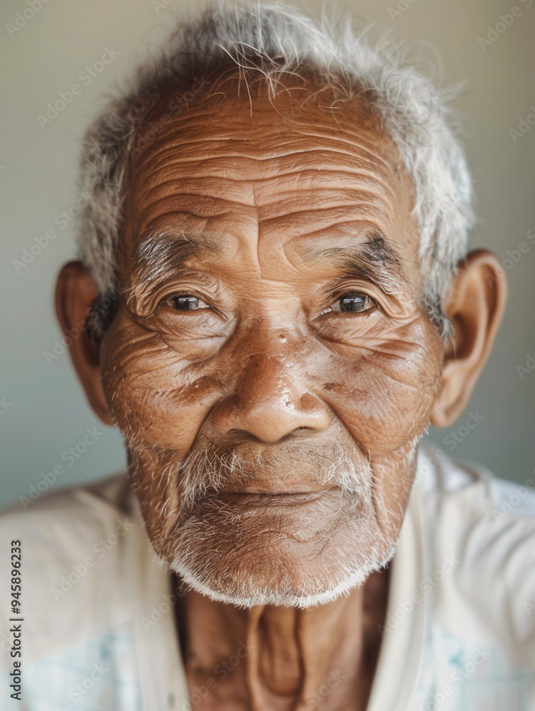 Poster an elderly man from diverse ethnic backgrounds displays profound wisdom and calmness, with a gentle 
