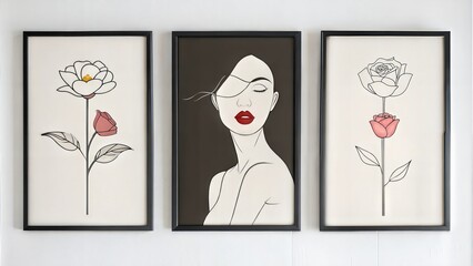 Set of three vertical poster, minimalist one line art woman and  flower