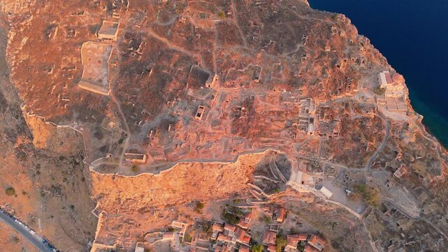 greece peloponnese historical peninsula monemvasia aerial footage 4k with sunrise and sunset lights