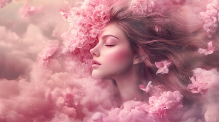 A woman with long, flowing hair, surrounded by a cloud of pink flowers,