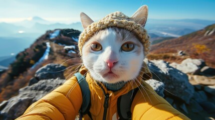 Funny cute cat vlogger in tourist clothes takes selfie on top of mountain, blogs about travel. Animal climbed rock, extreme hiking. Fun joke. Vacation video call, shooting vlog. Feline hiker traveler.