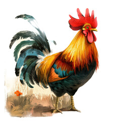 A digital illustration of a rooster, drawn in a colorful, childlike style. The rooster is standing on a brown background with a single red flower visible