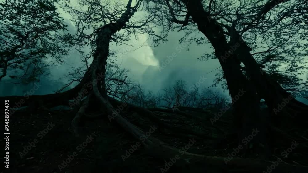 Poster exploring the eerie forest at twilight with dense trees and fog rolling in at dusk