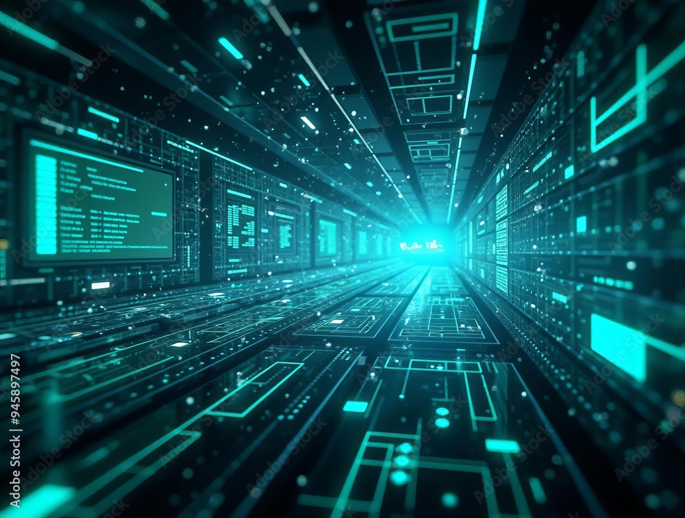 Poster digital transformation landscape: futuristic technology interface and data flow
