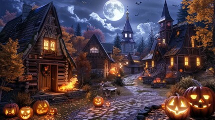 Obraz premium At midnight, during the full moon time, an old town looks deserted and quiet, spooky and scary. An old town with a Halloween theme