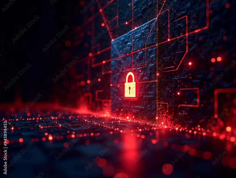 Aufkleber cybersecurity threat detection: digital lock in red network environment