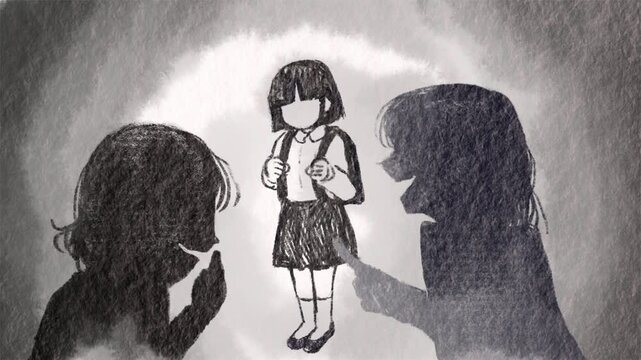 登下校時に女子生徒同士の陰口、仲間はずれにあう女子児童の手描き風アニメ