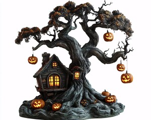Spooky treehouse statue haunted tree with a small house nestled in its branches glowing jack-o-lanterns hanging from the limbs eerie and playful