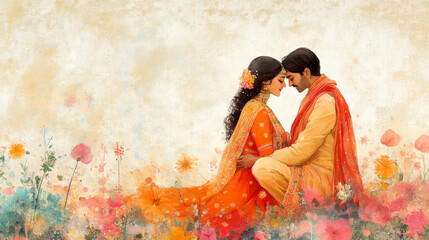 Obraz premium Indian couple wearing traditional clothing is embracing in a field of flowers