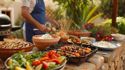 Summer BBQ with Grilled Skewers and Side Dishes